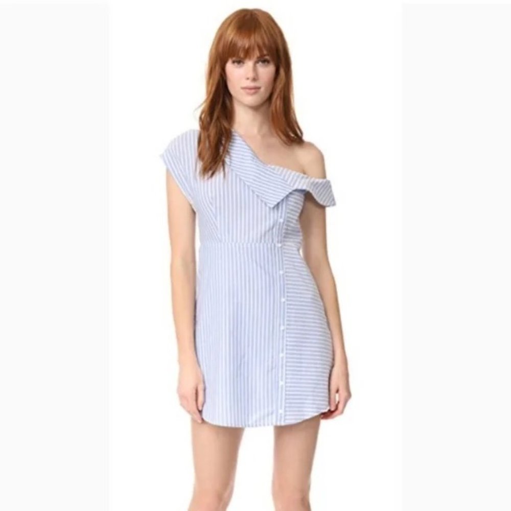 re:named Oxford Blue Striped Asymmetrical Shirt Dress - Size Medium